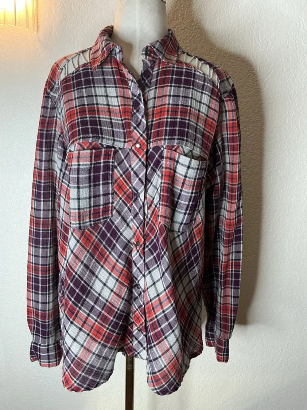 Free People- Women's Plaid Cutout Shoulder Flannel Shirt Jacket - Red & Purple - Picture 3 of 5